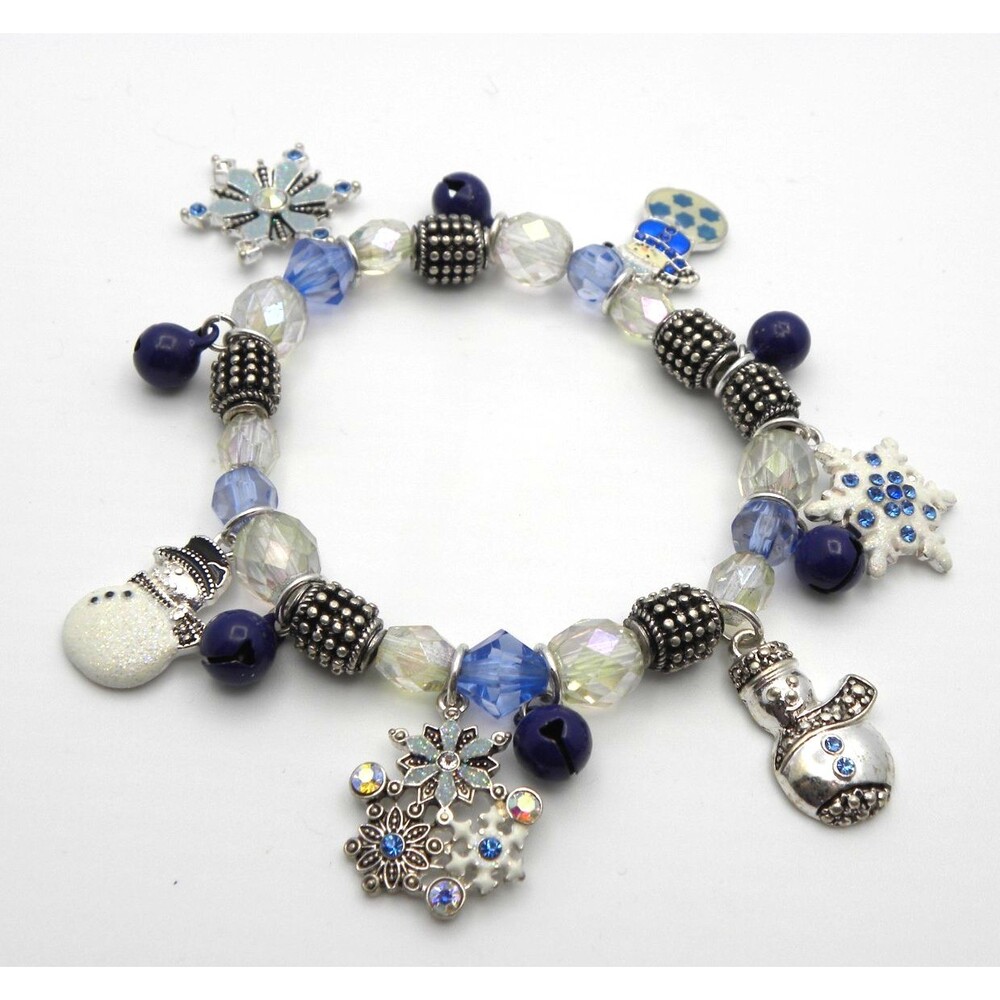 Christmas Charm Bracelet Stretch Snowman Beaded Enamel Holiday Snowflake